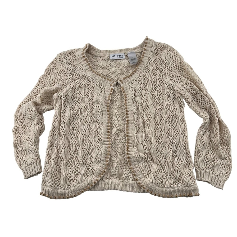 Villager Liz Claiborne‎ Womens Open Front Beige Knit Cardigan Sweater M